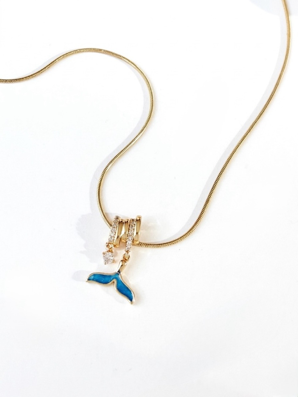 14K Gold Plated Whale Tail Necklace with Blue Enamel & Sparkling Zircon Charms - Picture 3 of 11